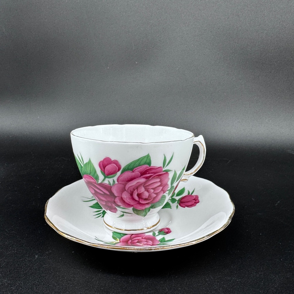Vintage Royal Vale Bone China Teacup & Saucer - Pink Rose Pattern